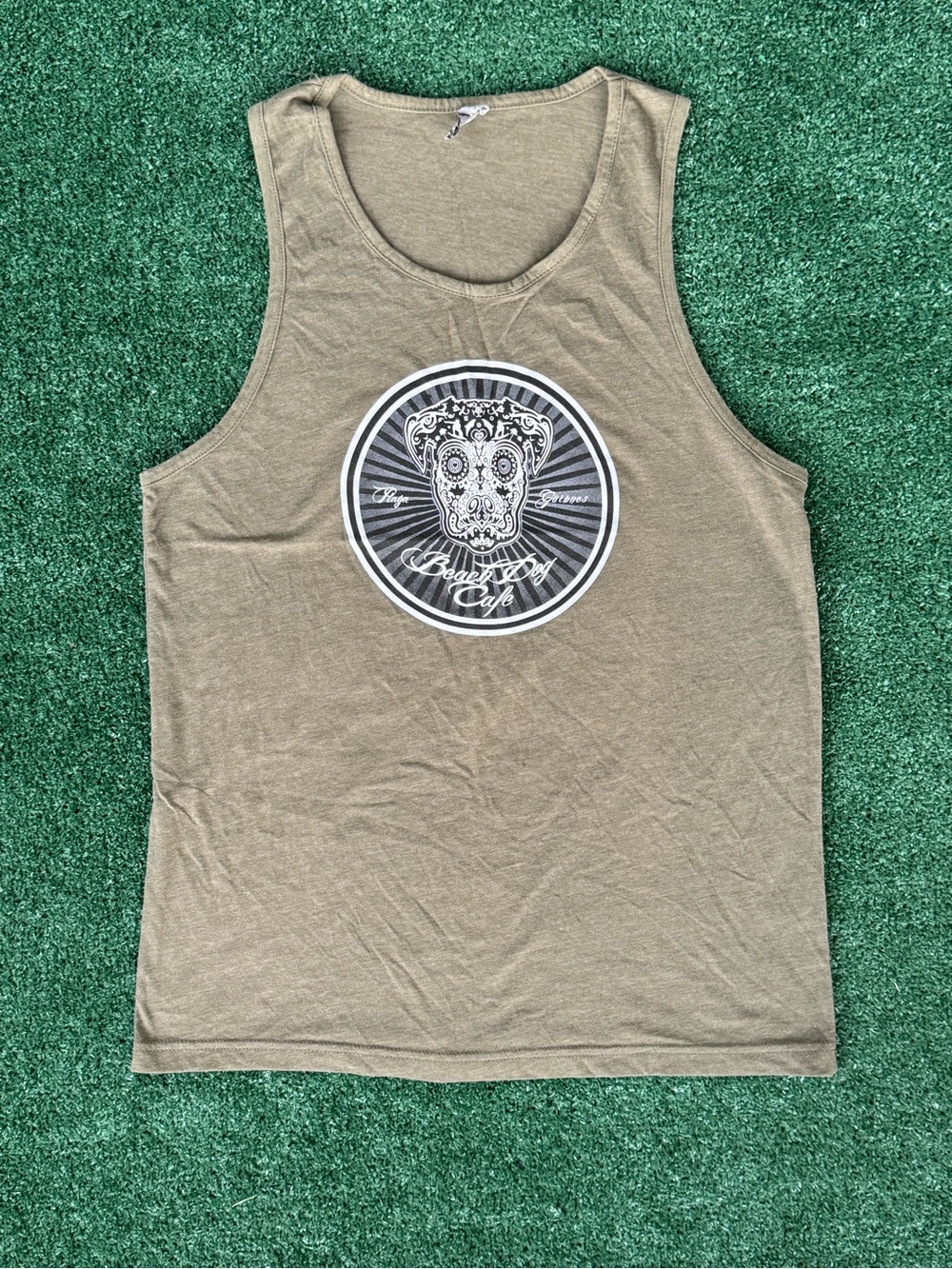Men’s Graphic Tank Top with Decorative Dog Emblem — Olive Green Size MD